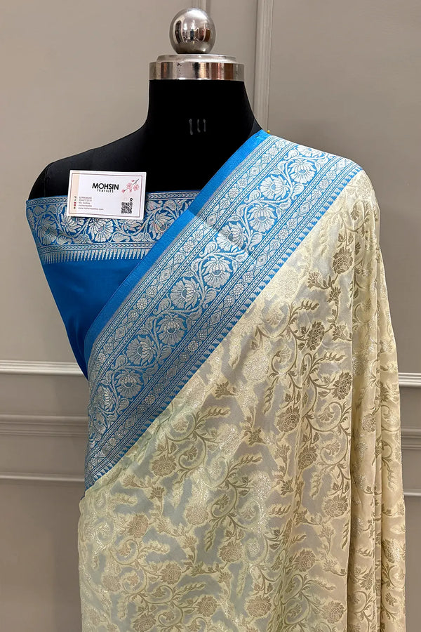 White and Blue Gulabi Jaal Katan Silk Banarasi Saree