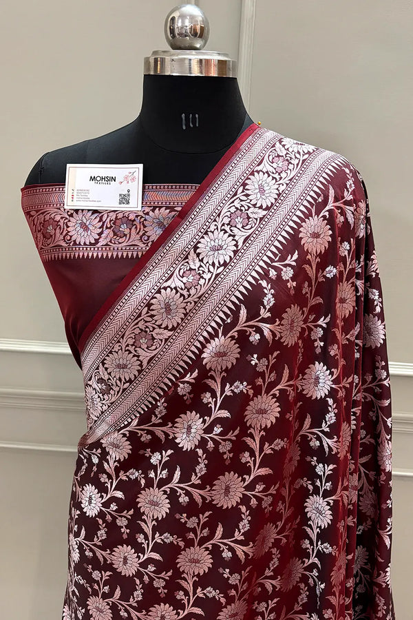 Wine Ganga Jamuna Crepe Silk Banarasi Saree