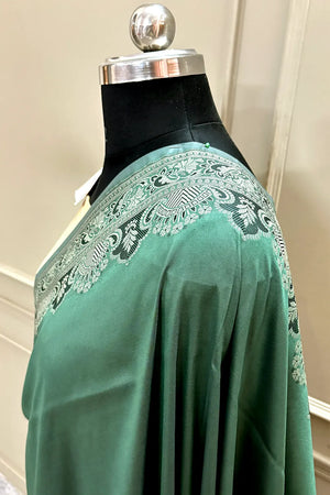 Bottle Green and Beige Plain Resham Silk Banarasi Saree