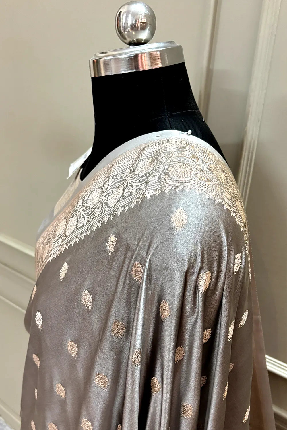 Charcoal Grey Flying Buti Katan Silk Banarasi Saree