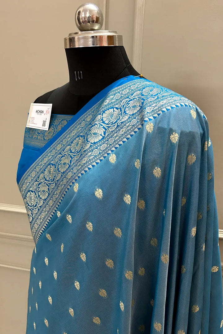 Firozi and Blue Rudraksha Buti Katan Silk Banarasi Saree