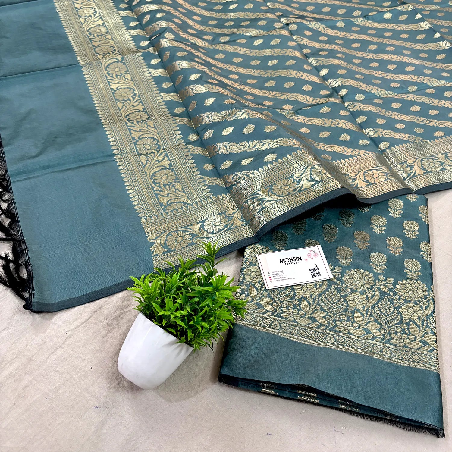 Grey Sunflower Satin Silk Banarasi Suit