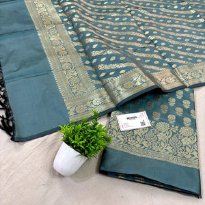 Grey Sunflower Satin Silk Banarasi Suit