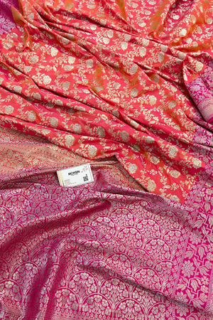 Peach and Pink Maharani Jaal Crepe Silk Banarasi Saree