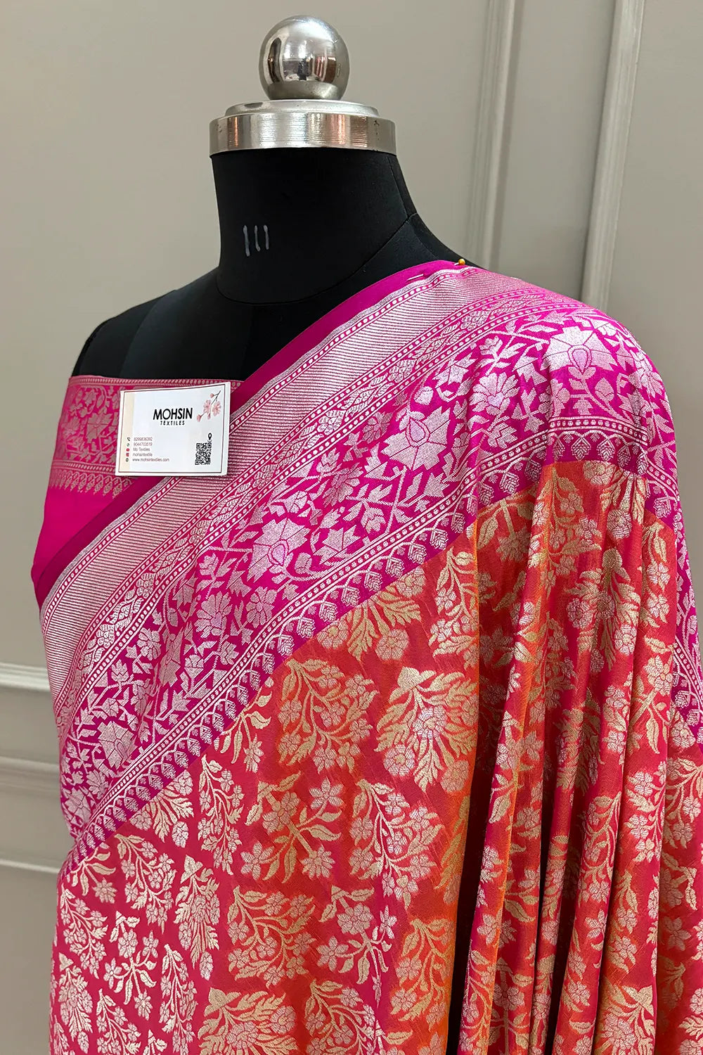 Peach and Pink Temple Buta Katan Silk Banarasi Saree