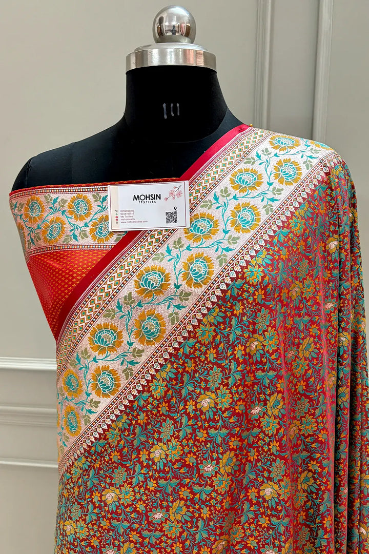 Red and Orange Jungli Jaal Katan Silk Banarasi Saree