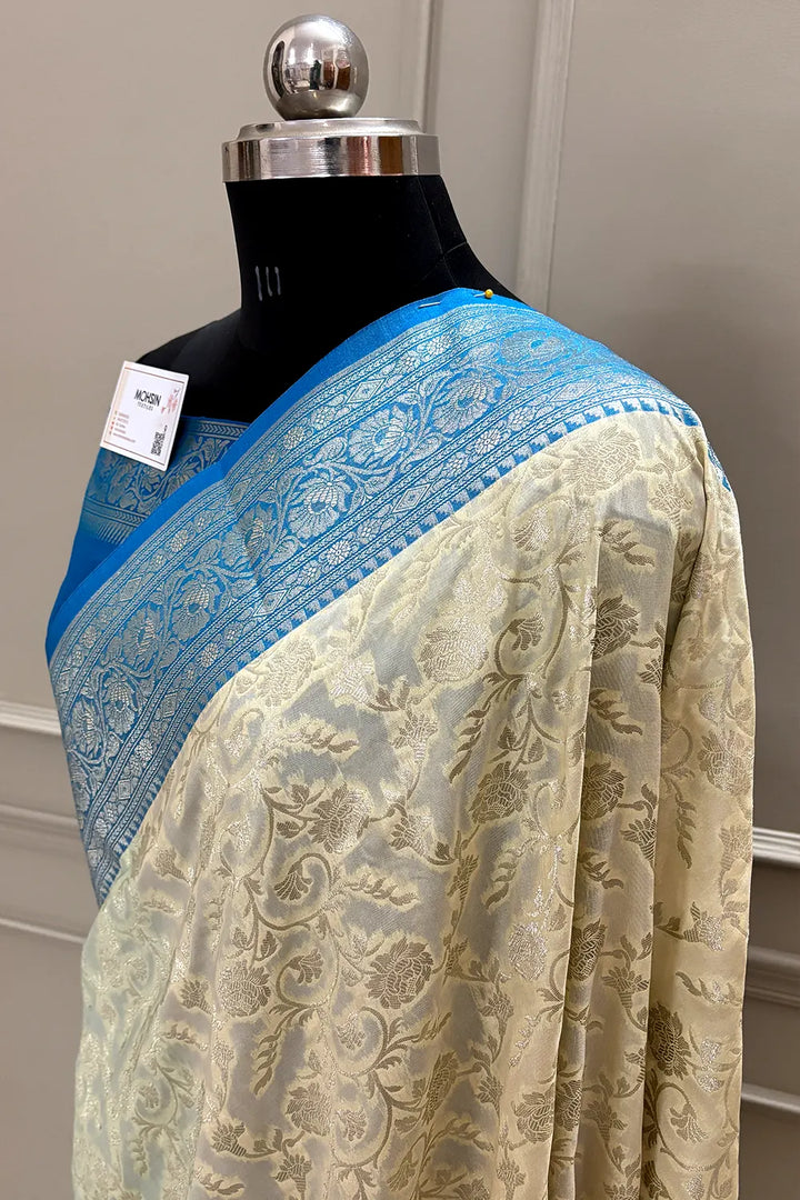 White and Blue Gulabi Jaal Katan Silk Banarasi Saree