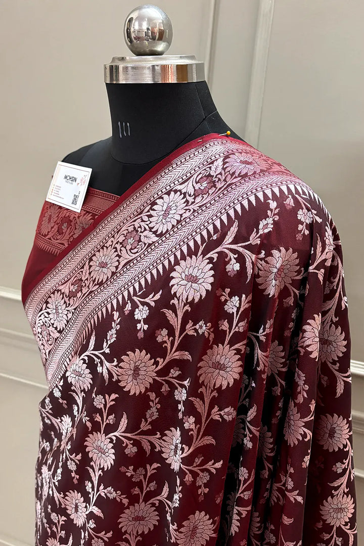 Wine Ganga Jamuna Crepe Silk Banarasi Saree