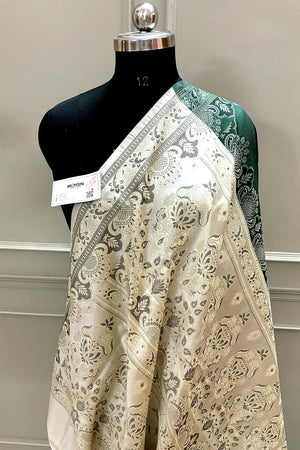 Bottle Green and Beige Plain Resham Silk Banarasi Saree