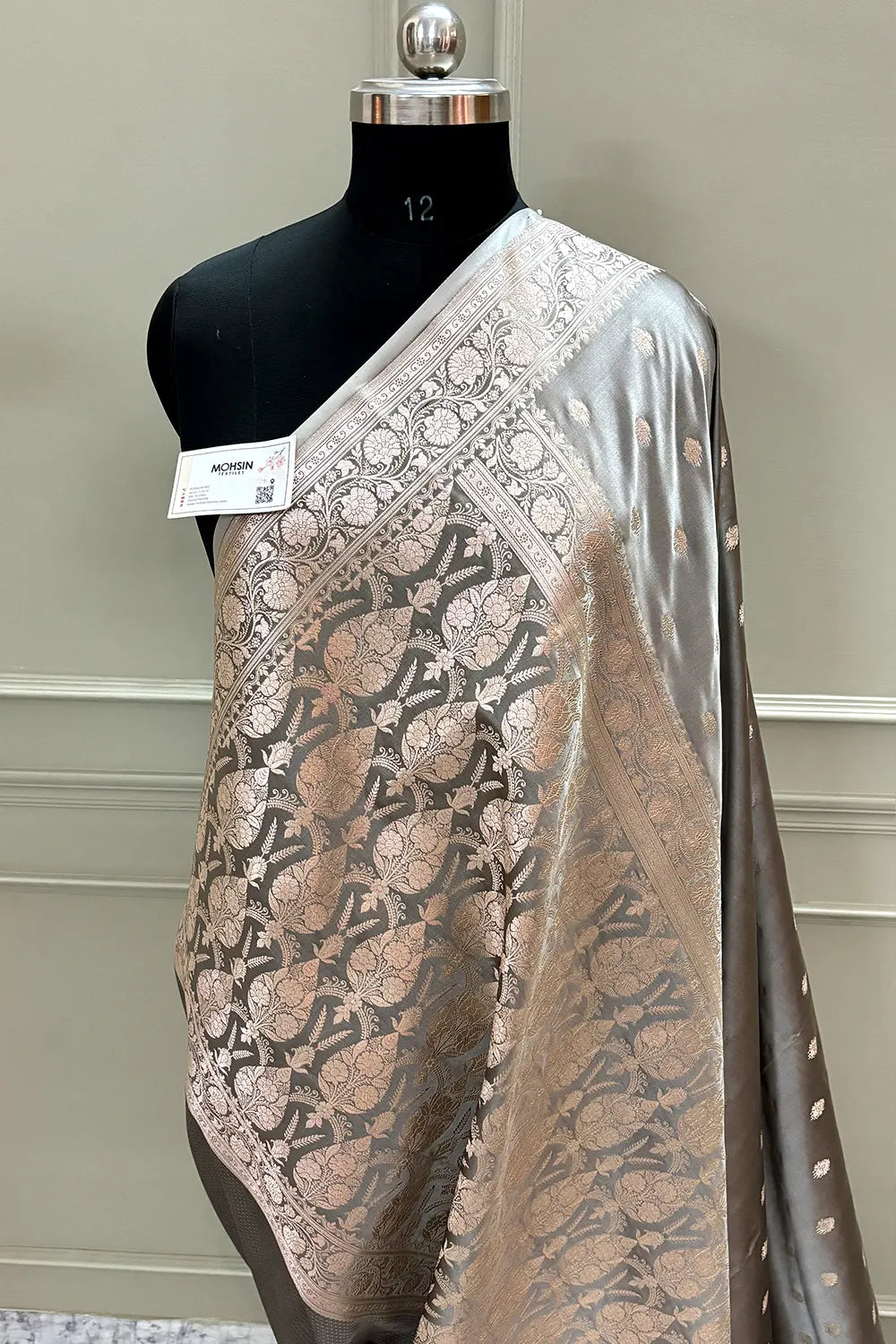 Charcoal Grey Flying Buti Katan Silk Banarasi Saree