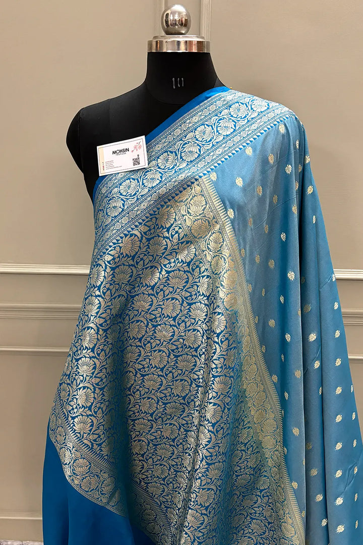 Firozi and Blue Rudraksha Buti Katan Silk Banarasi Saree