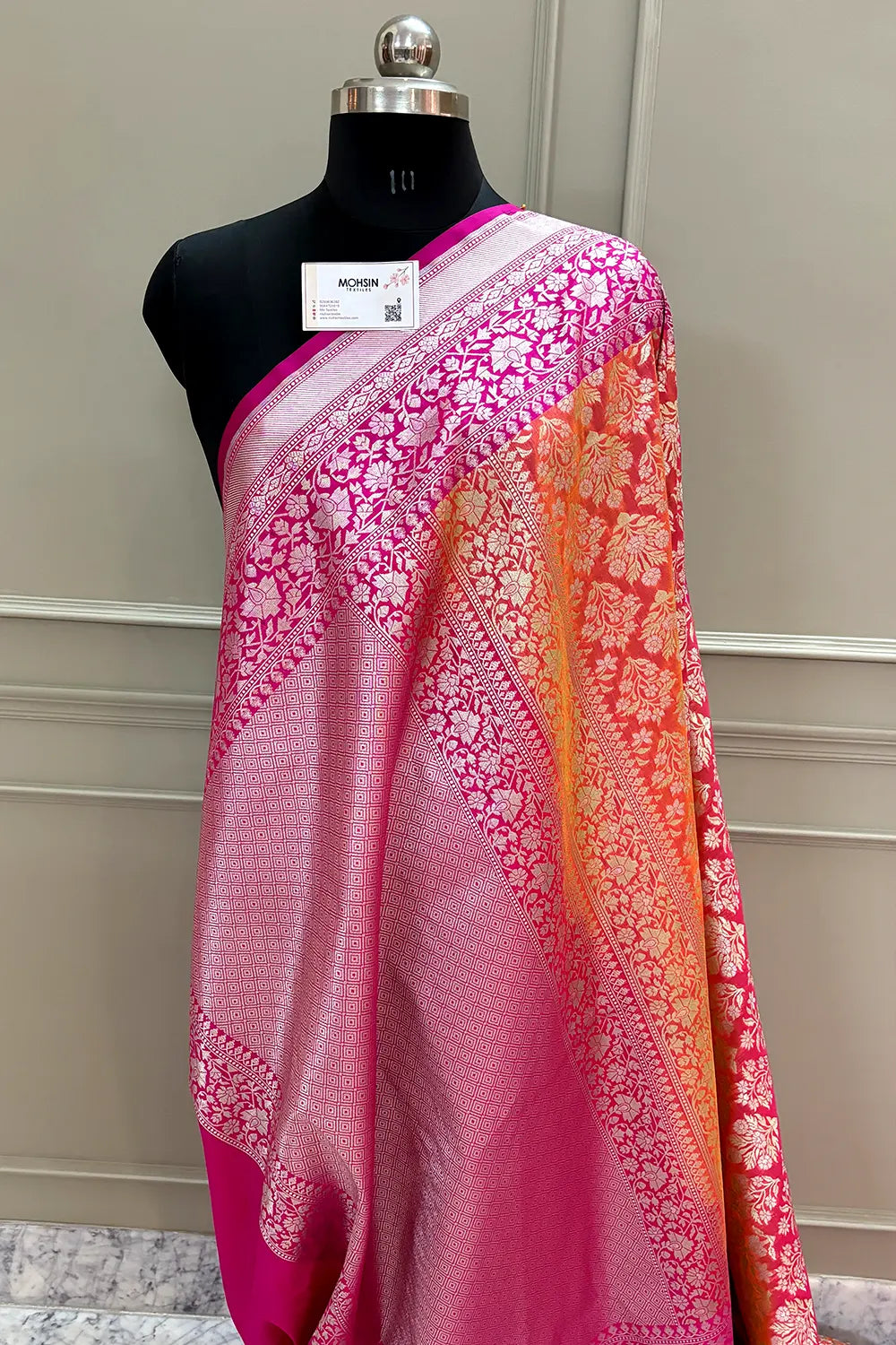 Peach and Pink Temple Buta Katan Silk Banarasi Saree