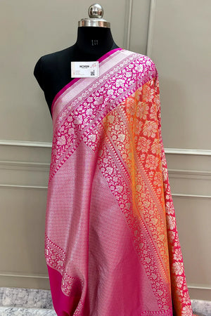 Peach and Pink Temple Buta Katan Silk Banarasi Saree