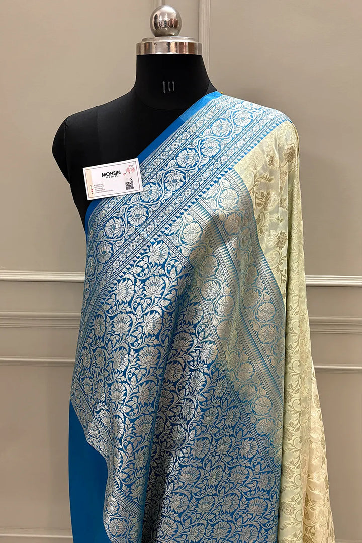 White and Blue Gulabi Jaal Katan Silk Banarasi Saree