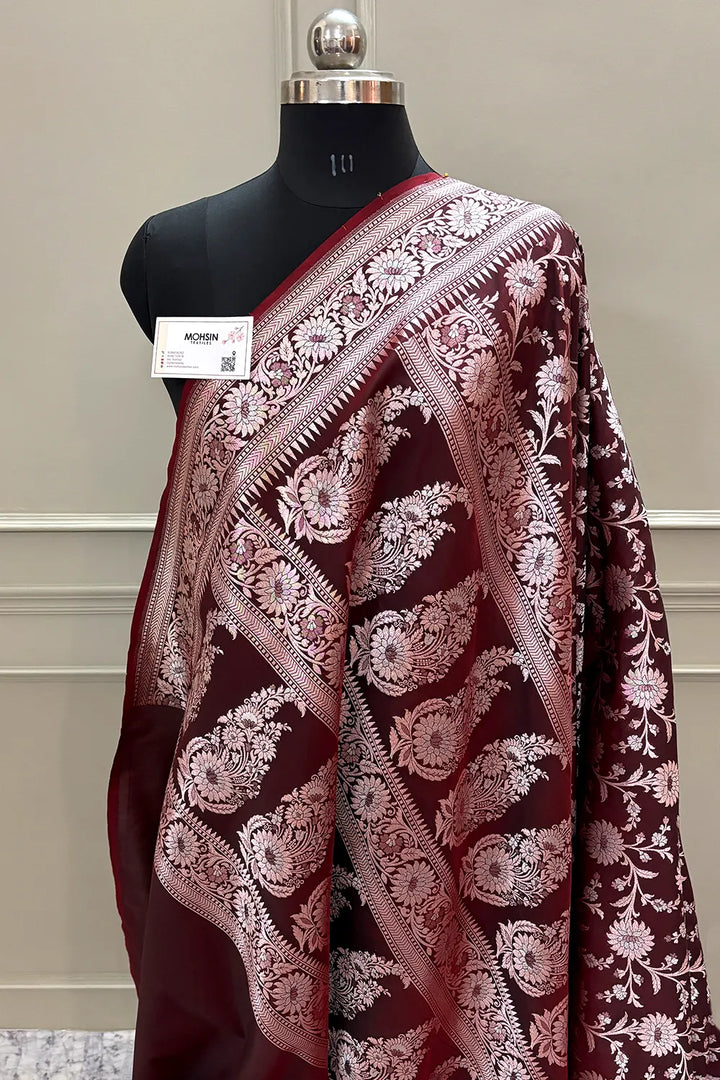 Wine Ganga Jamuna Crepe Silk Banarasi Saree