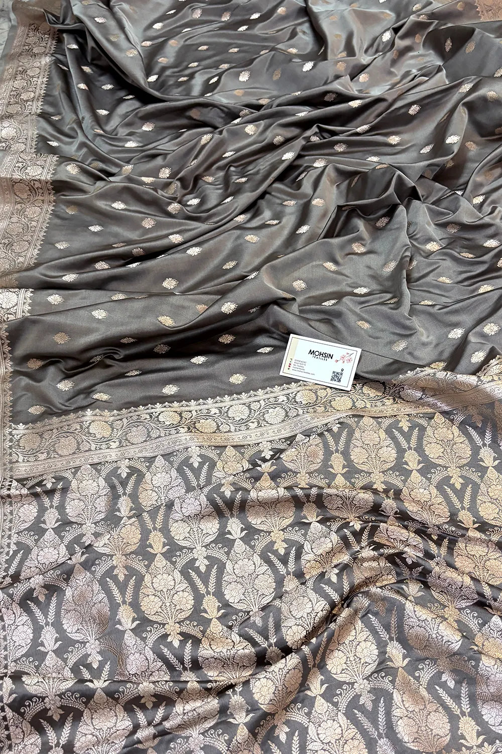 Charcoal Grey Flying Buti Katan Silk Banarasi Saree