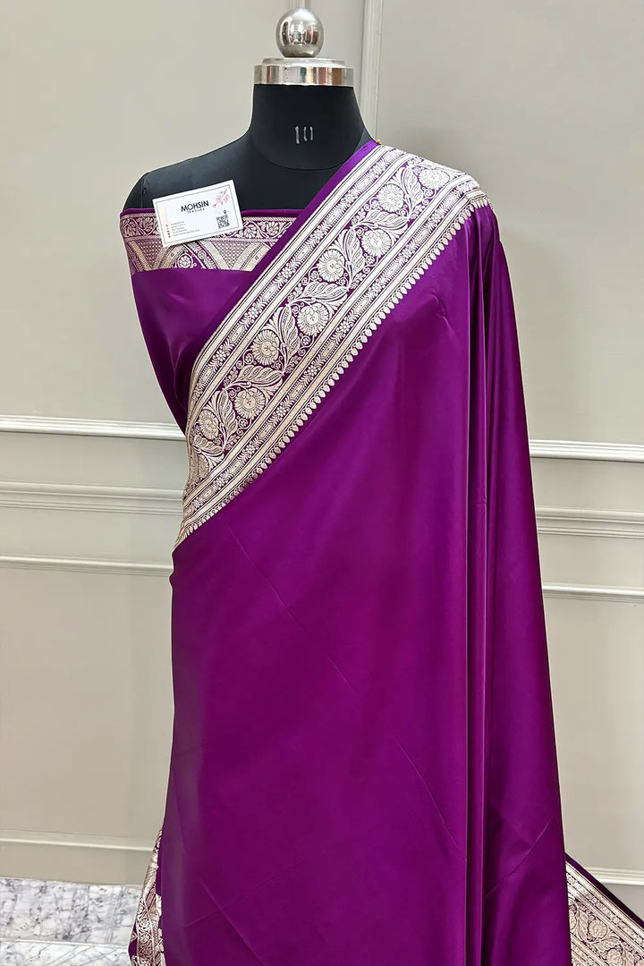 Magenta Royal Plain Katan Silk Banarasi Saree