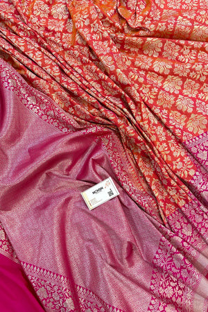 Peach and Pink Temple Buta Katan Silk Banarasi Saree