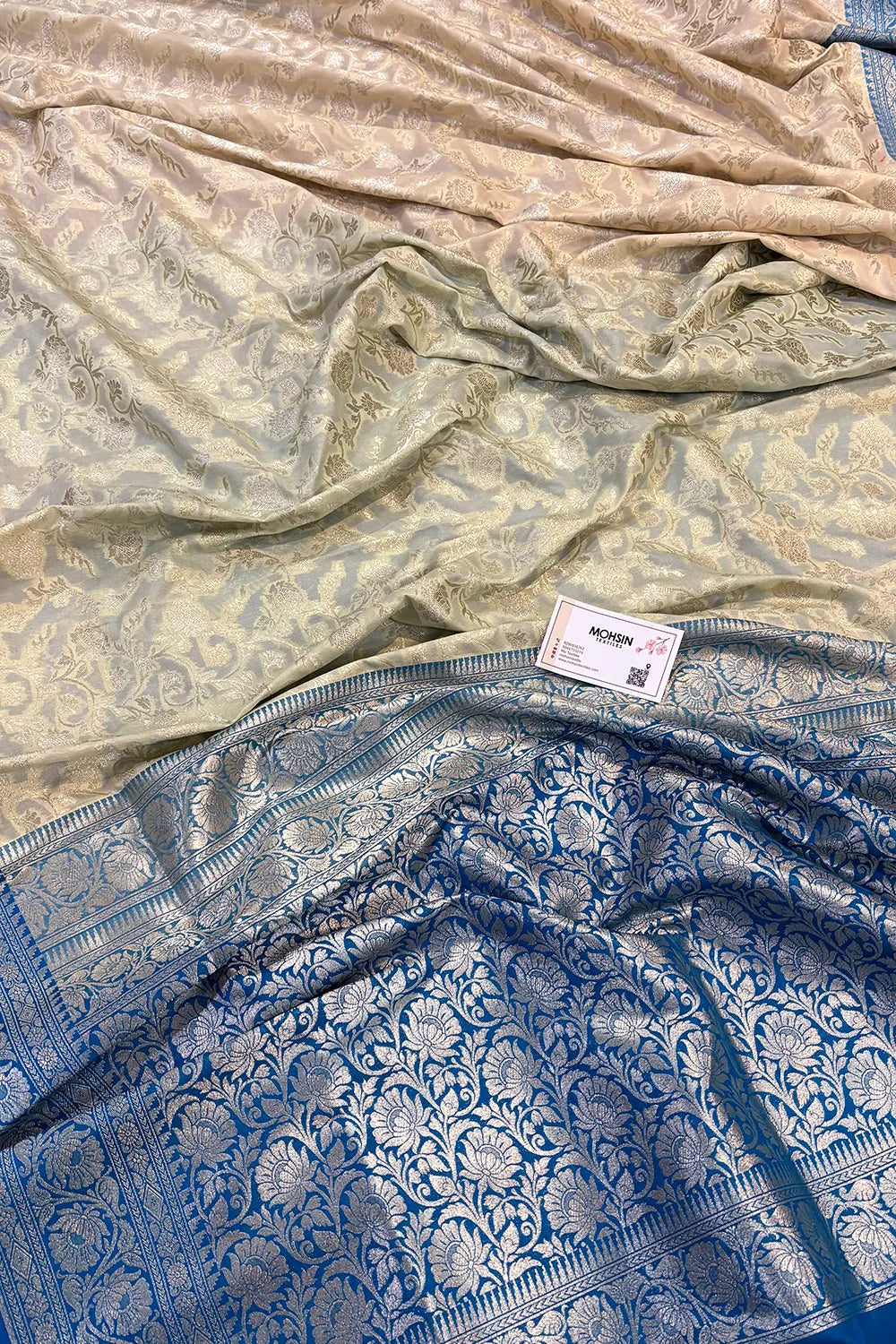 White and Blue Gulabi Jaal Katan Silk Banarasi Saree