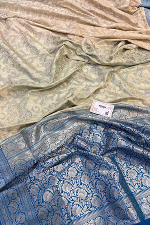 White and Blue Gulabi Jaal Katan Silk Banarasi Saree
