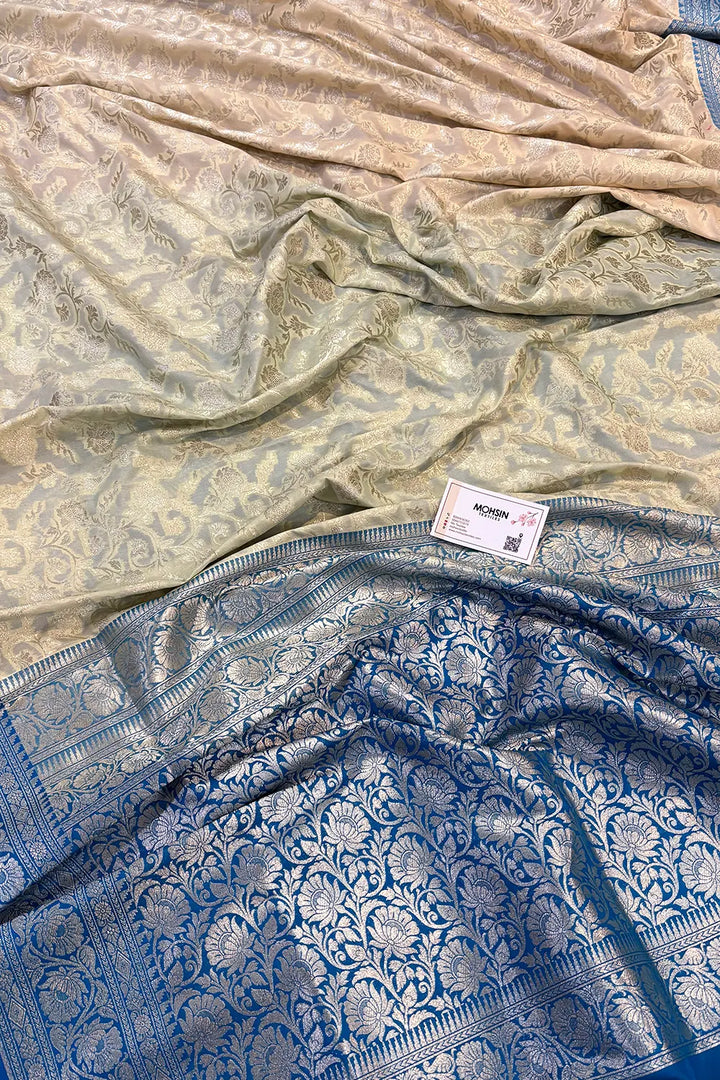 White and Blue Gulabi Jaal Katan Silk Banarasi Saree