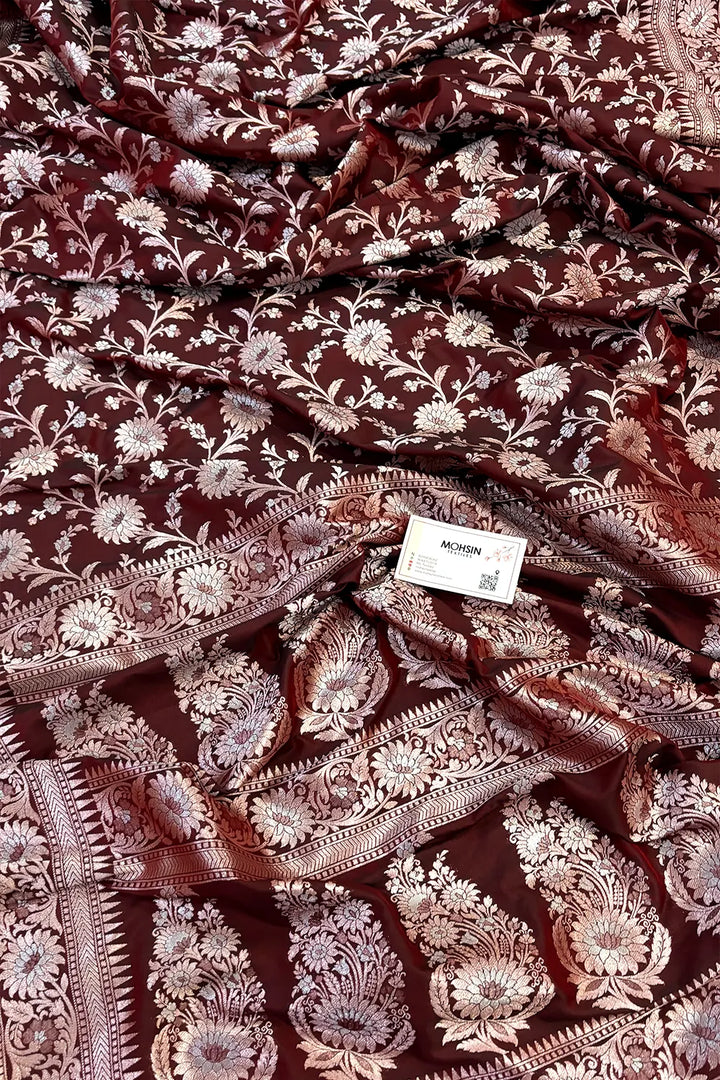 Wine Ganga Jamuna Crepe Silk Banarasi Saree