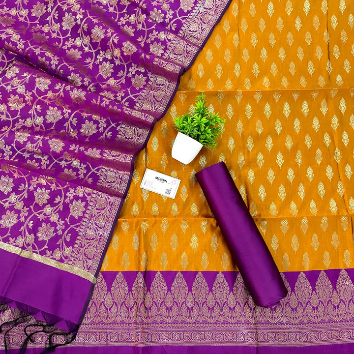 Yellow and Purple Parvat Buti Satin Silk Banarasi Suit