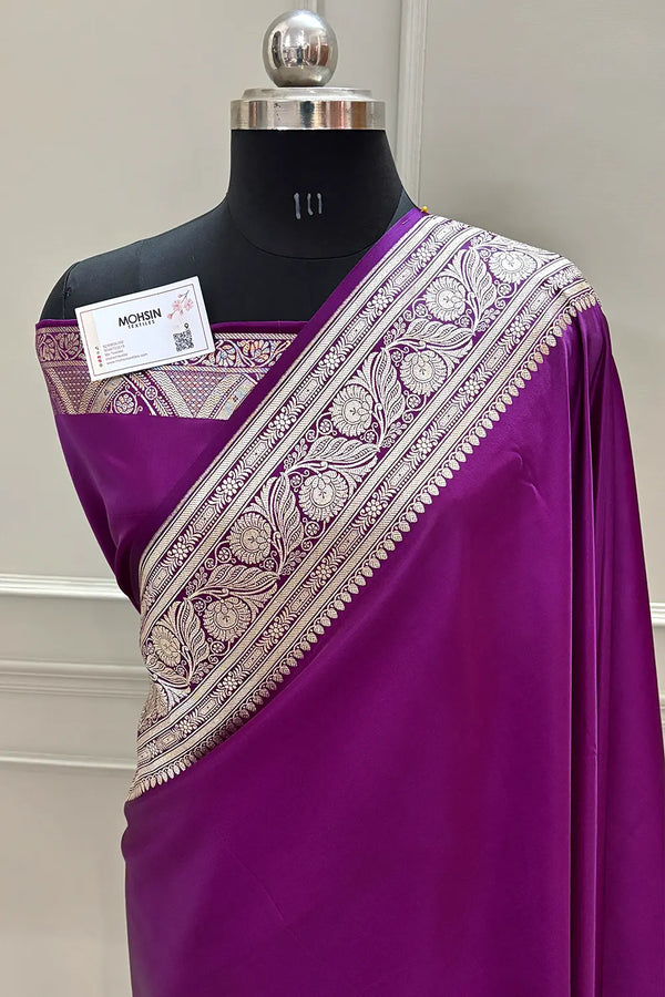 Magenta Royal Plain Katan Silk Banarasi Saree