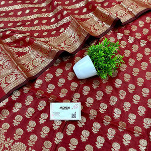 Maroon Sunflower Satin Silk Banarasi Suit