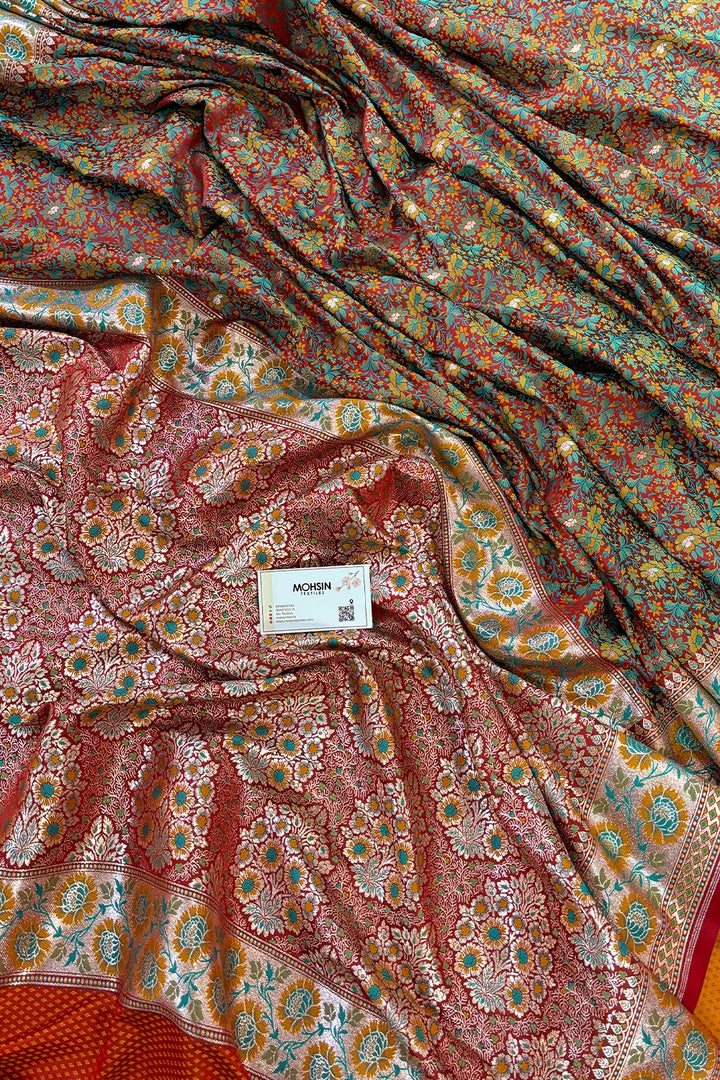 Red and Orange Jungli Jaal Katan Silk Banarasi Saree