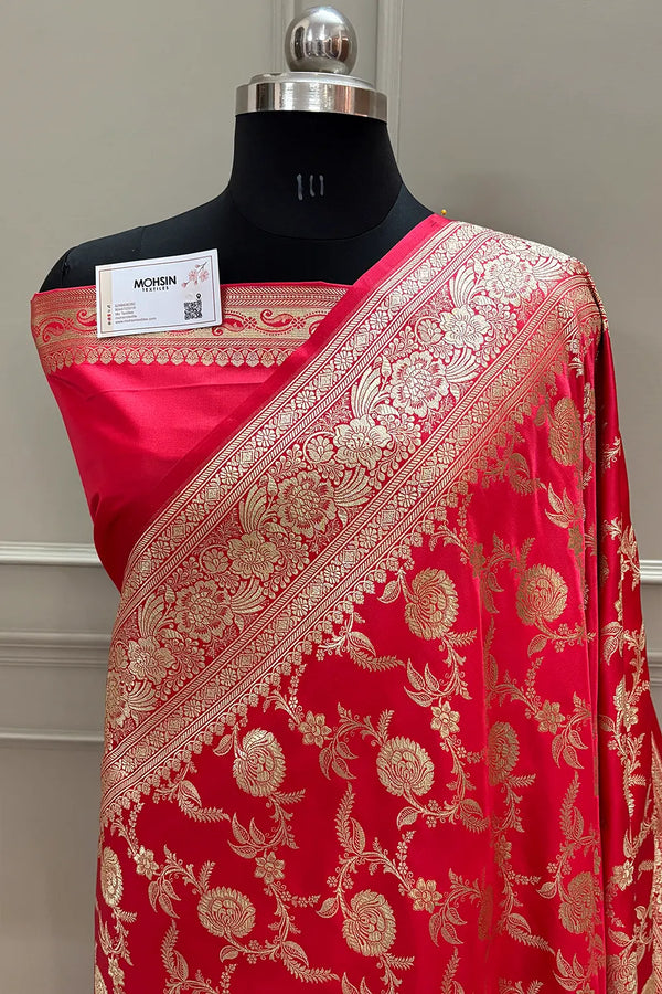 Strawberry Shahanshahi Jaal Katan Silk Banarasi Saree