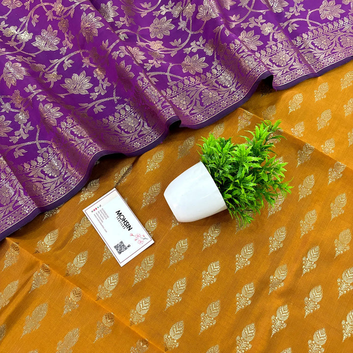 Yellow and Purple Parvat Buti Satin Silk Banarasi Suit