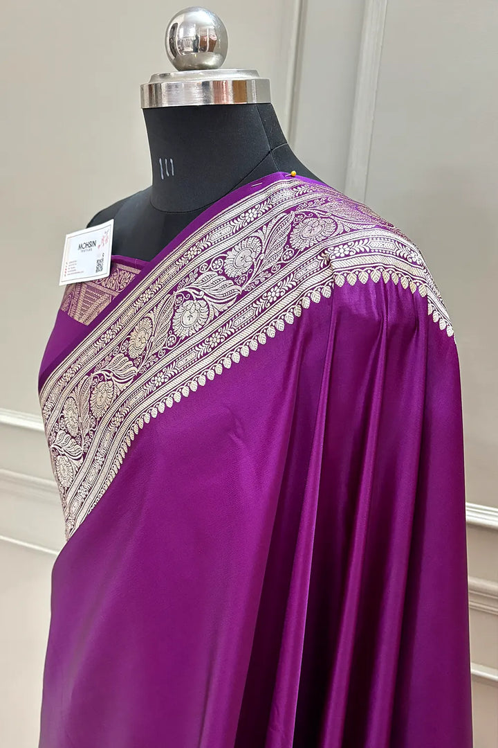 Magenta Royal Plain Katan Silk Banarasi Saree