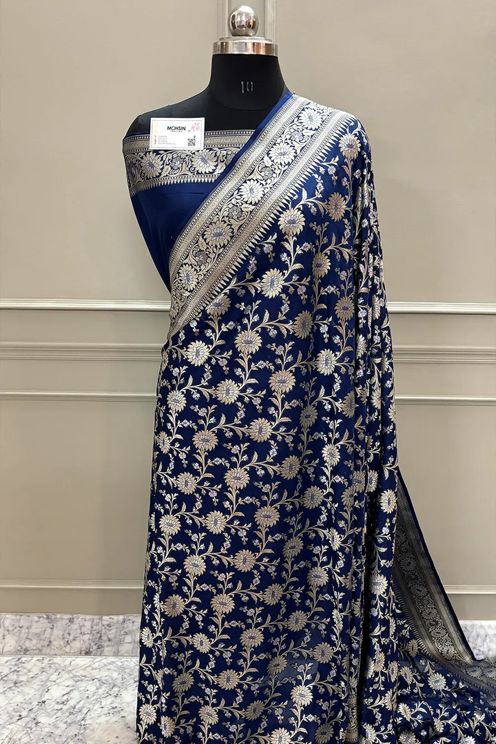 Navy Blue Ganga Jamuna Crepe Silk Banarasi Saree