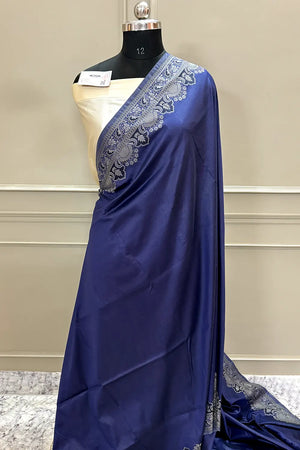 Navy Blue and Beige Plain Resham Silk Banarasi Saree