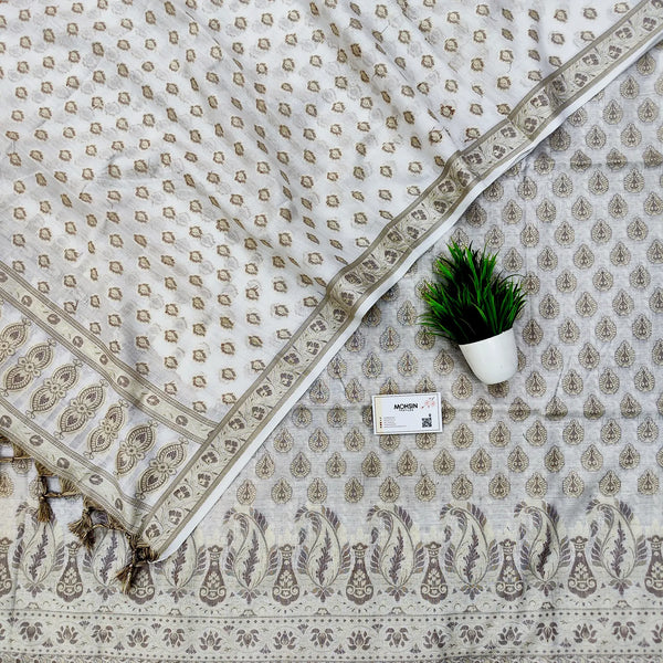 White Surahi Buti Cotton Silk Banarasi Suit