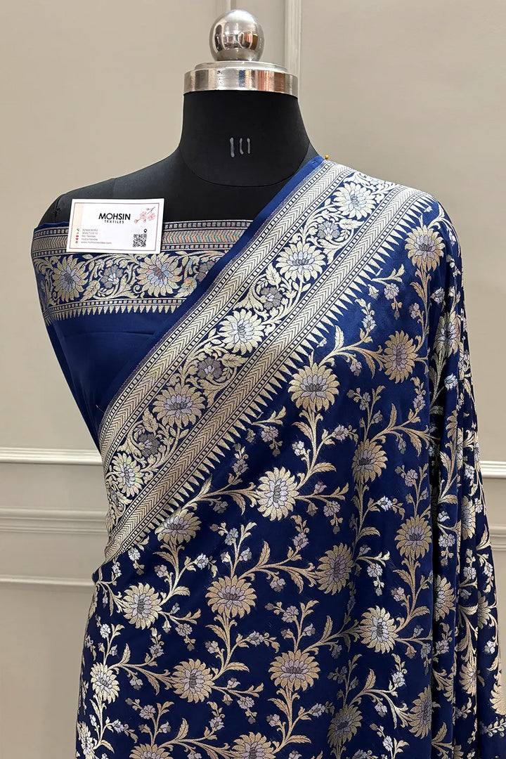 Navy Blue Ganga Jamuna Crepe Silk Banarasi Saree