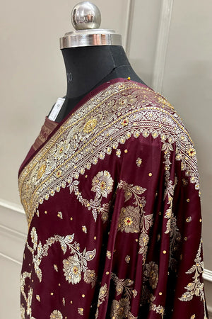 Wine Tirchi Daal Stone Work Katan Silk Banarasi Saree