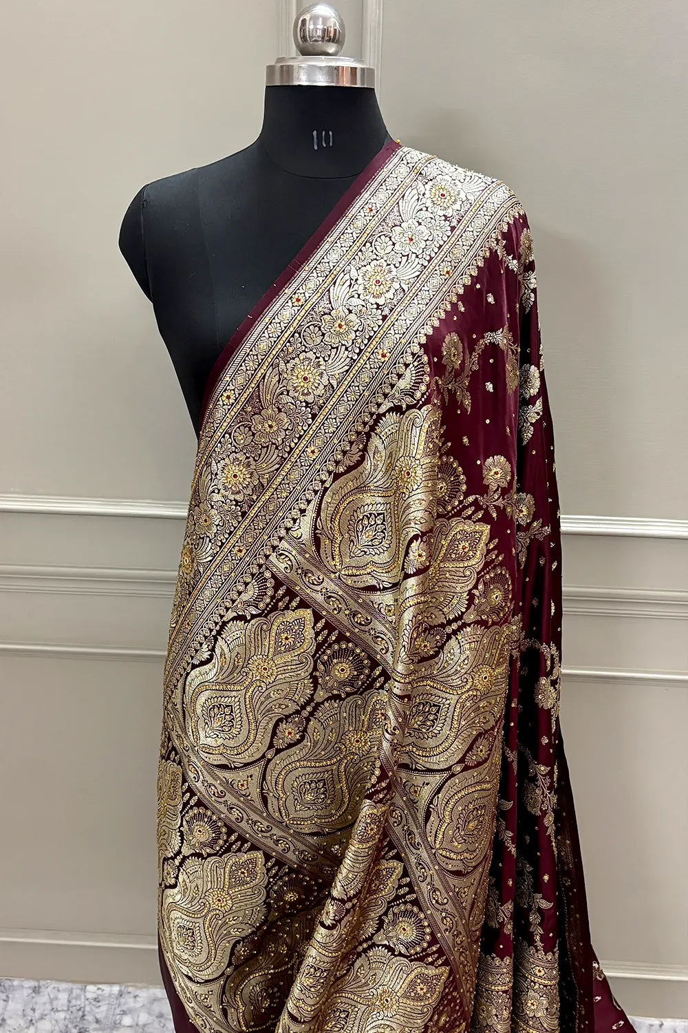 Wine Tirchi Daal Stone Work Katan Silk Banarasi Saree