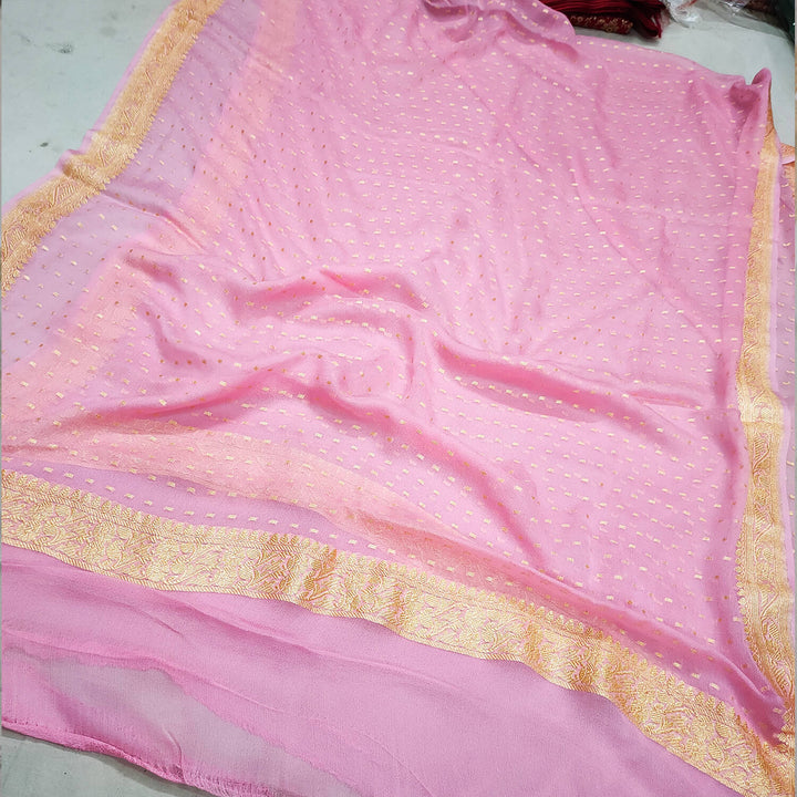 Baby Pink Chunri Buti Georgette Banarasi Dupatta