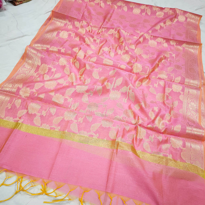 Baby Pink Golden Zari Banarasi Silk Dupatta