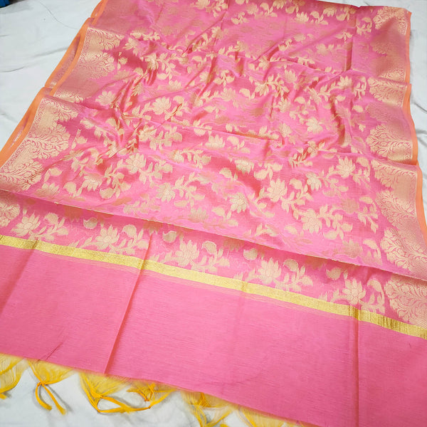 Baby Pink Golden Zari Banarasi Silk Dupatta