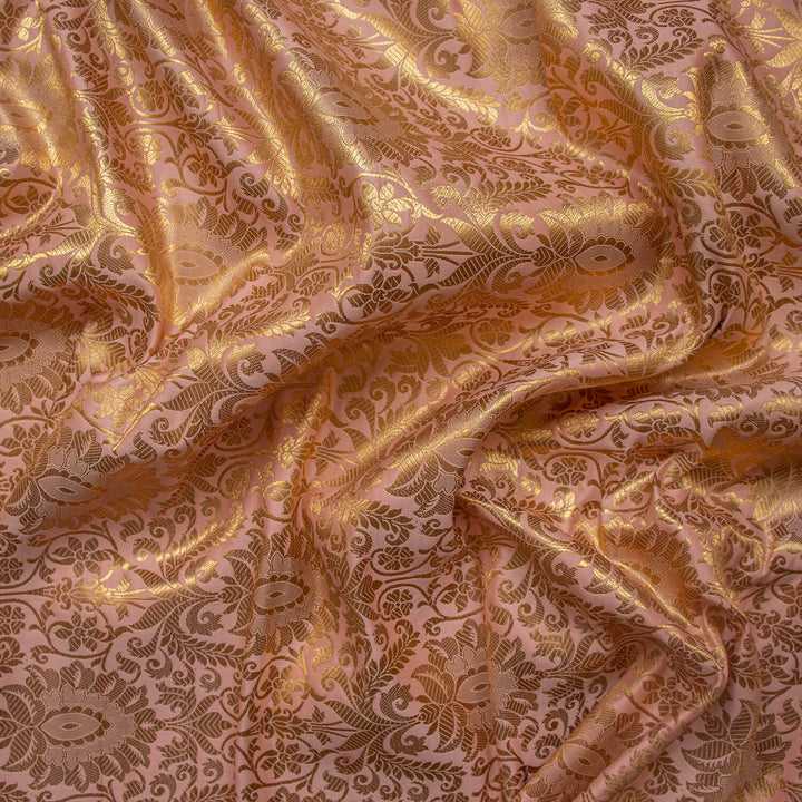 Baby Pink Golden Zari Katan Brocade Silk Fabric