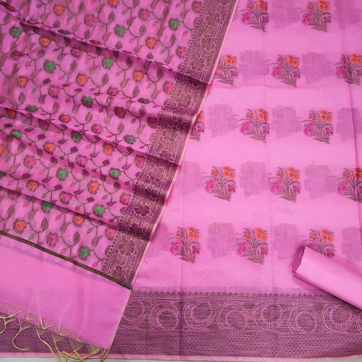 Baby Pink Meenakari Copper Zari Banarasi Silk Suit