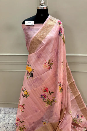 Baby Pink Printed Tussar Silk Saree