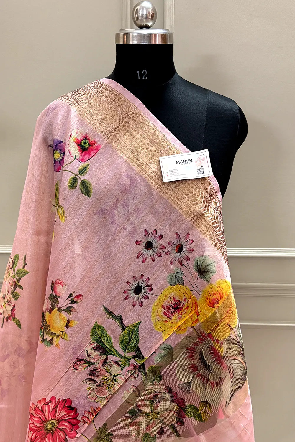 Baby Pink Printed Tussar Silk Saree