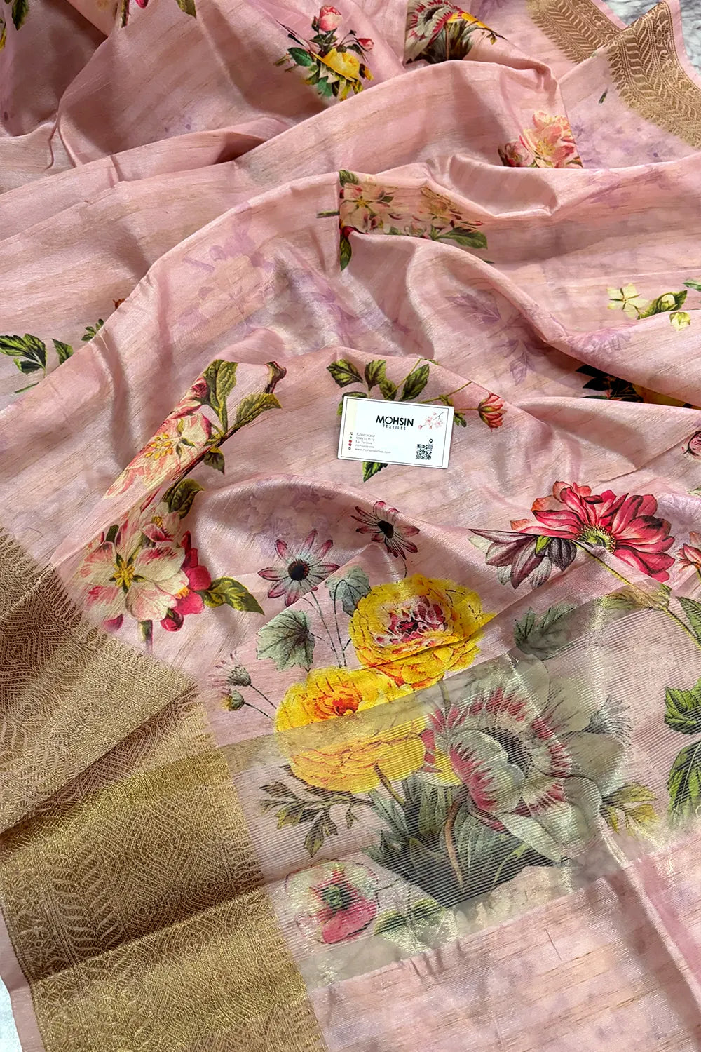 Baby Pink Printed Tussar Silk Saree