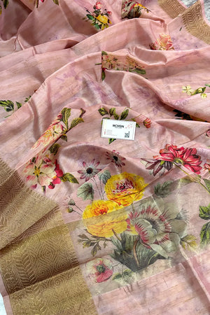Baby Pink Printed Tussar Silk Saree