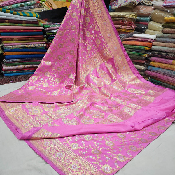 Baby Pink Silver Golden Handloom Crepe Banarasi Saree