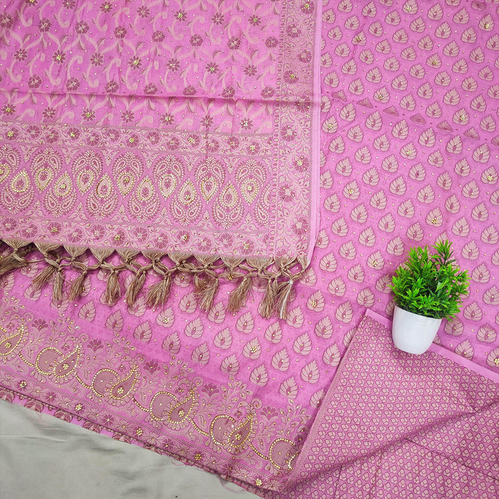 Baby Pink Stone Work Cotton Silk Banarasi Suit